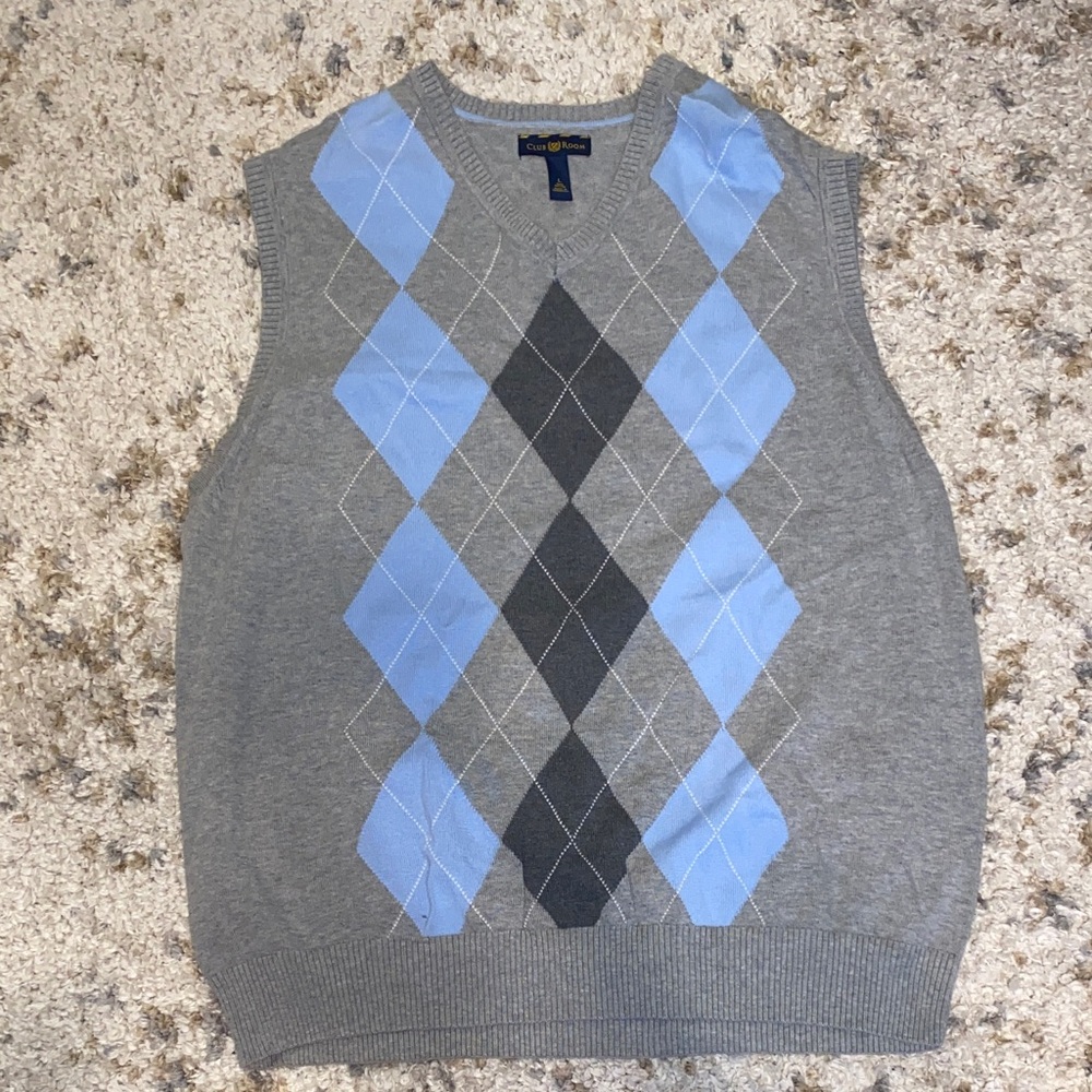 Men’s Large-Club Room Gray Argyle V-Neck Sweater Vest Blue/Dark Gray Diamonds